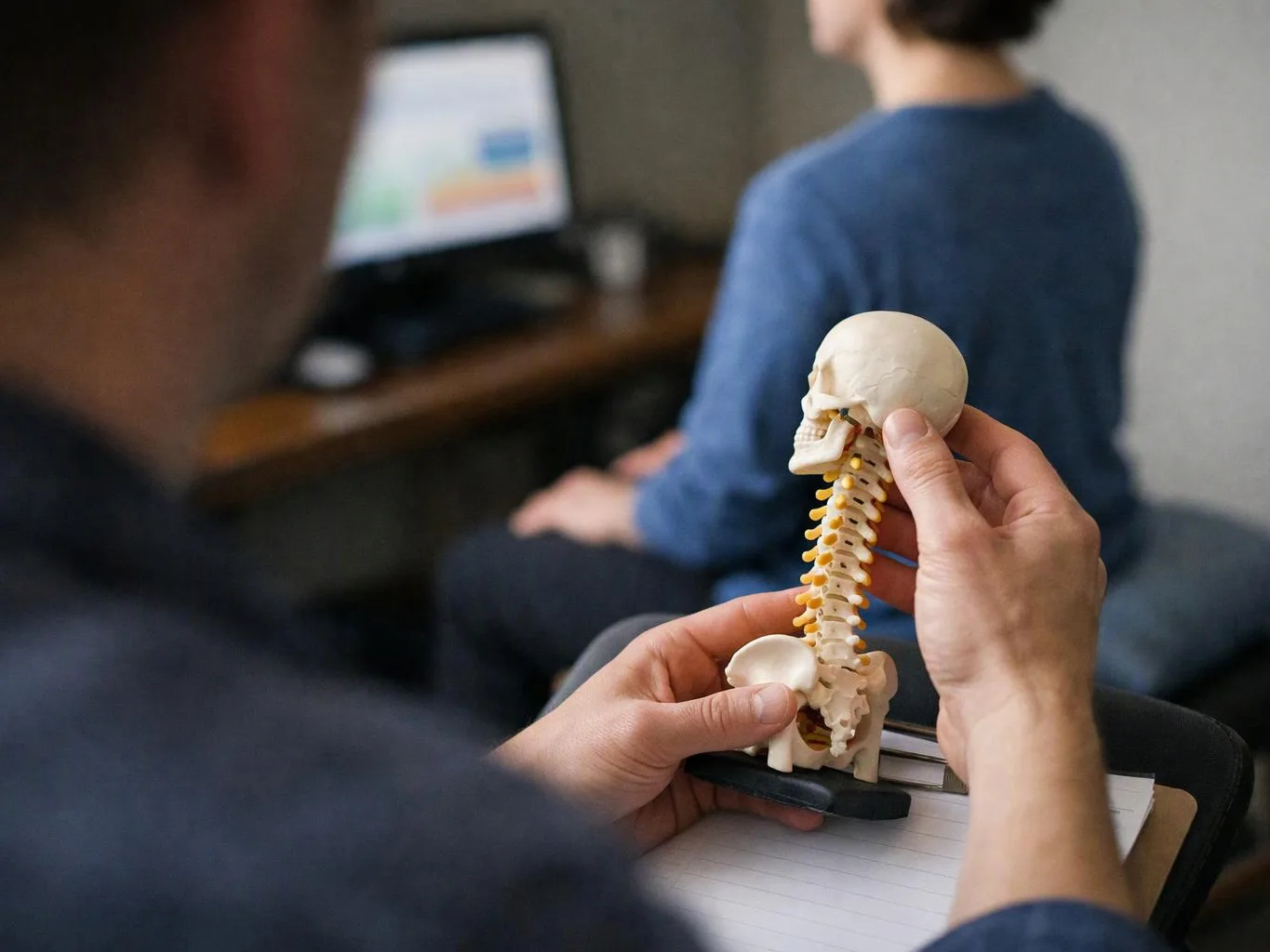 A person holds a small spine and skull model in front of another seated person and a computer screen