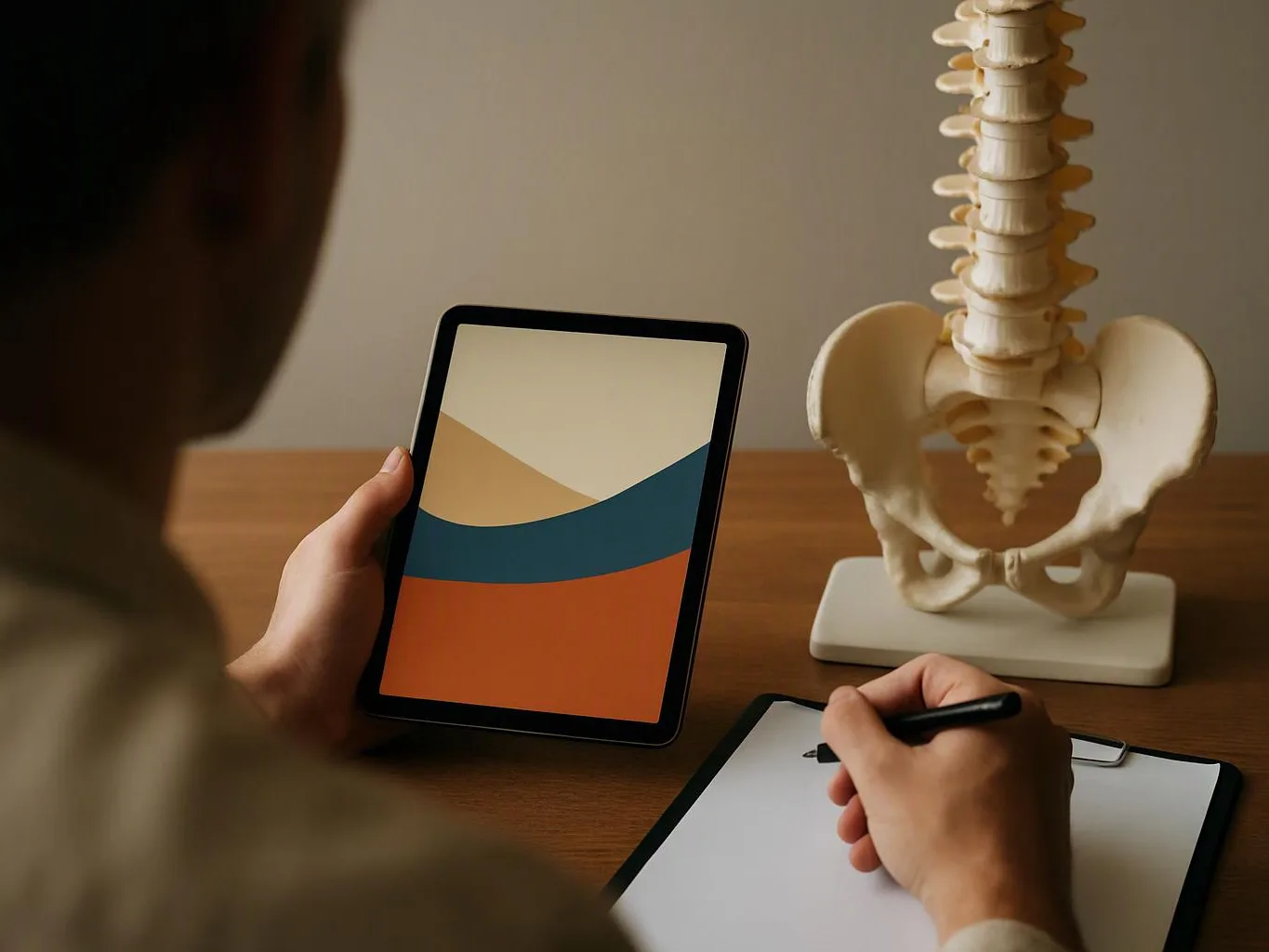 Person holds a tablet with abstract waves beside a spine model and a notepad on a desk
