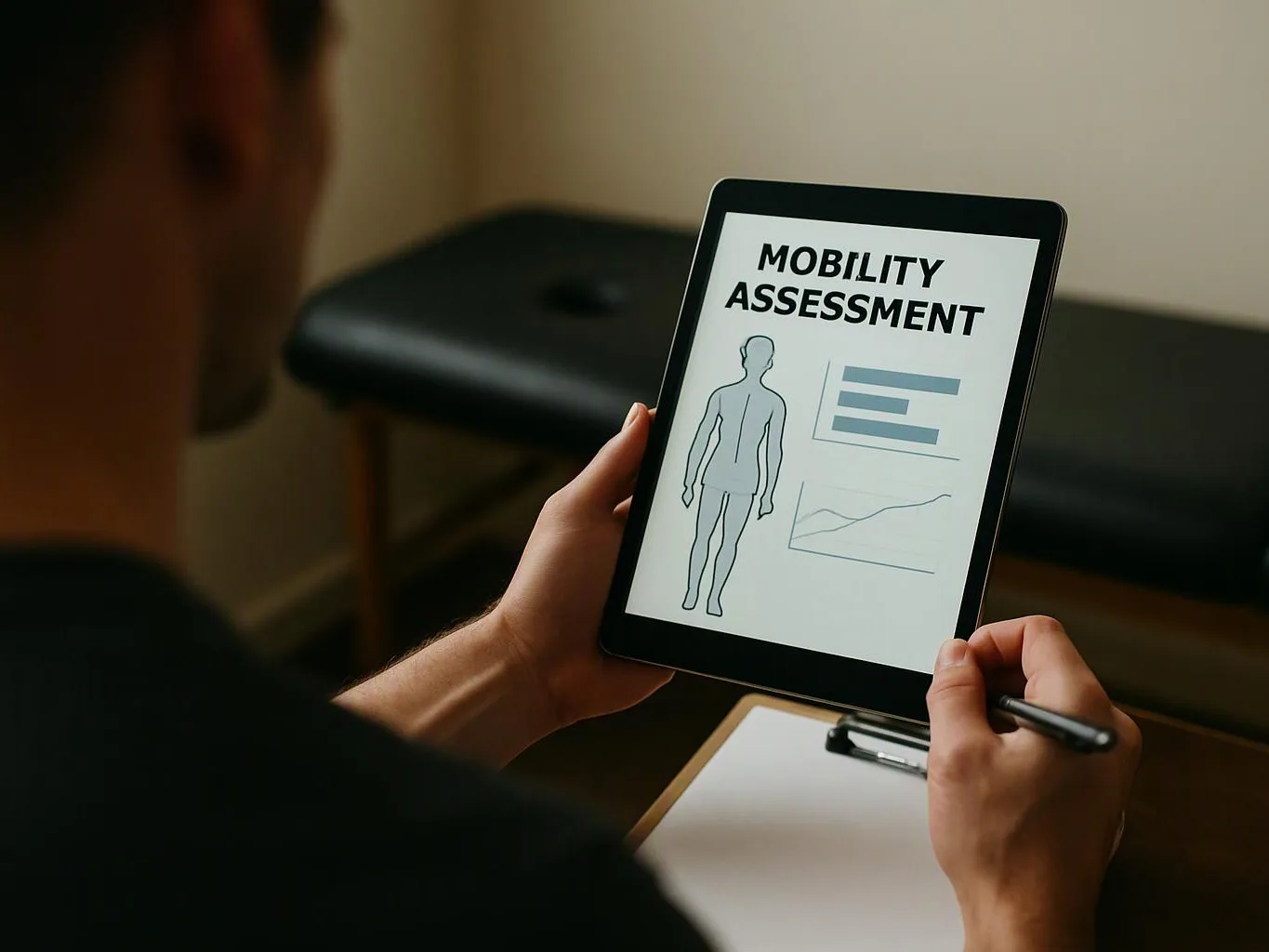 A person holds a tablet showing a mobility assessment, with a pen and treatment table in the background