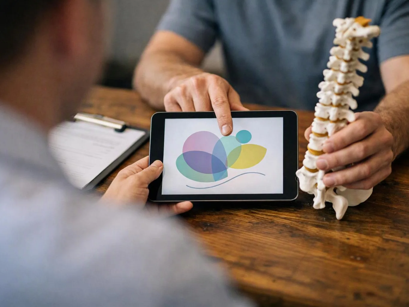 A person points at a tablet showing colored circles while holding a spine model across a wooden table