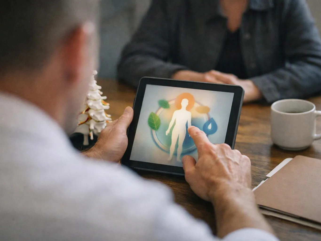 A person points at a tablet showing a human silhouette with health and nature icons at a wooden table