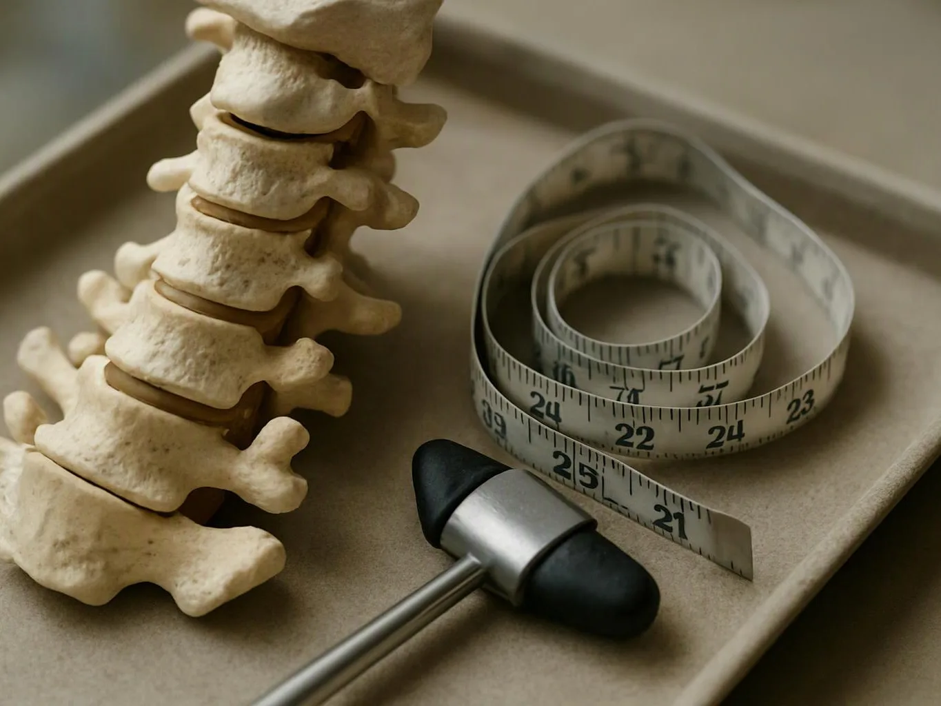 A plastic spine model, coiled measuring tape, and reflex hammer rest on a beige tray