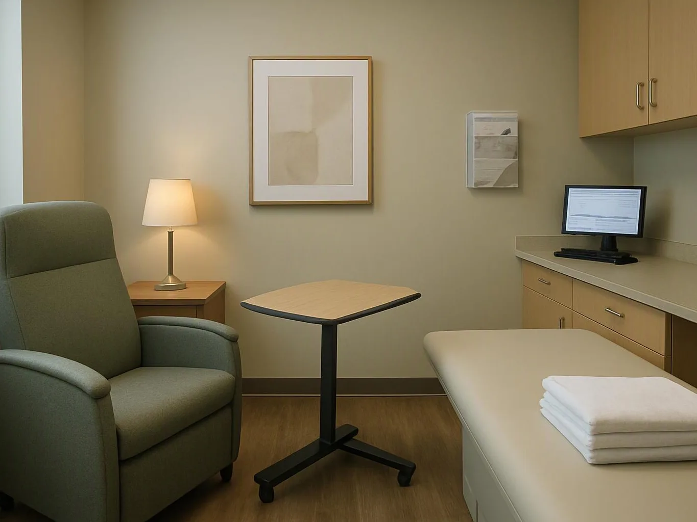 A quiet exam room has an armchair, lamp, small table, computer, and padded exam bed with folded towels