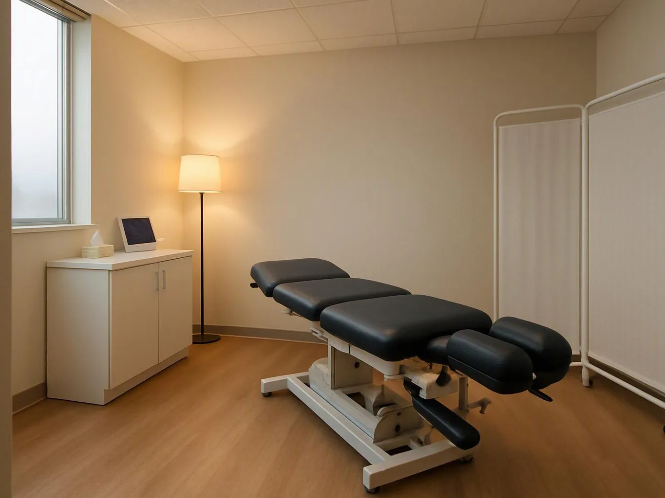 A quiet exam room holds a black treatment table, a cabinet, a floor lamp, and privacy screens