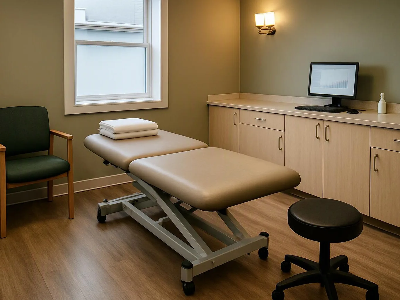 A quiet exam room holds a padded treatment table, cabinet counter, computer, chairs, and warm wall light