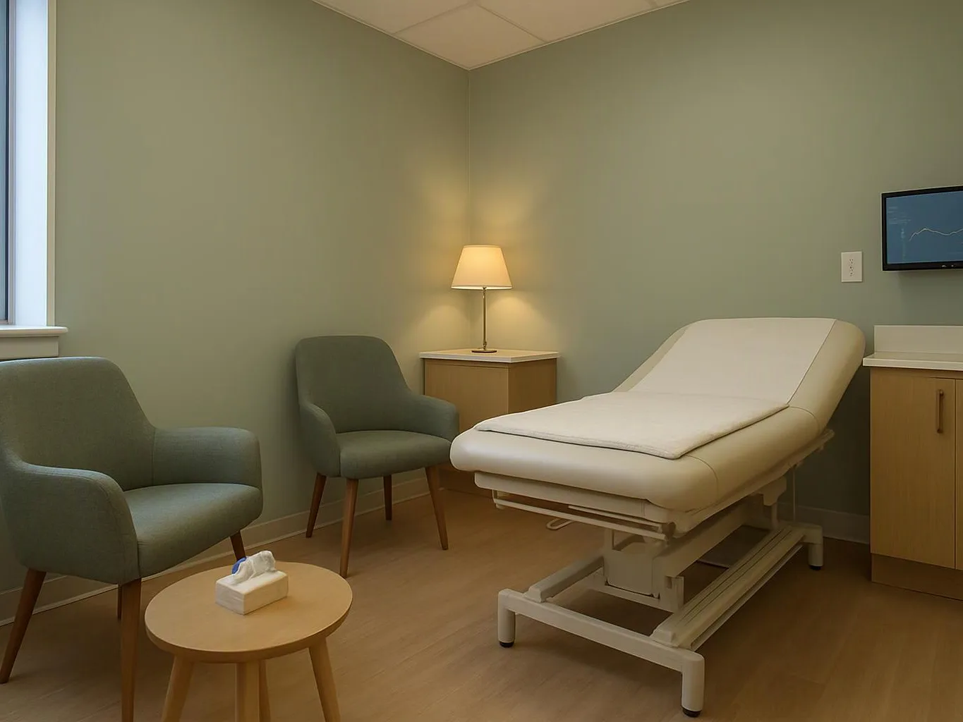 A quiet exam room holds a paper-covered treatment table, two chairs, a lamp, and a small wall screen