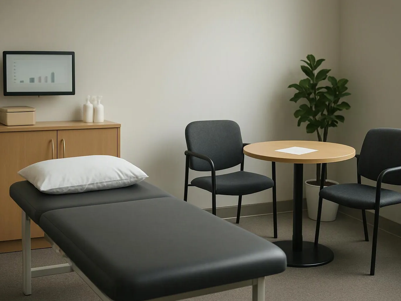 A quiet exam room shows a padded table, two chairs, a small round table, a cabinet, and a potted plant