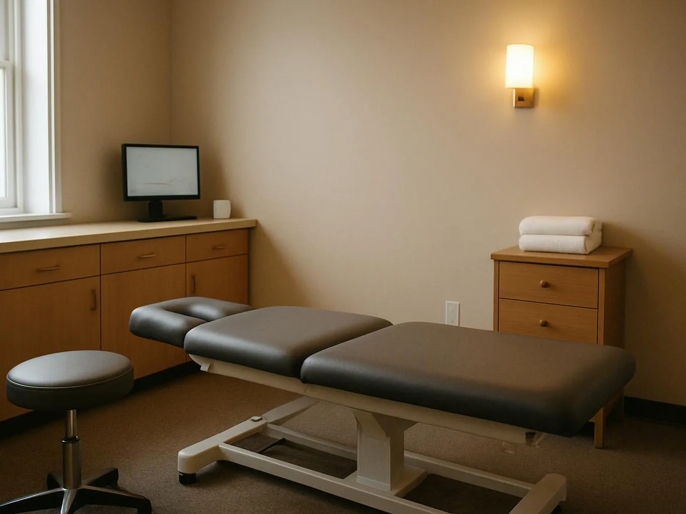 A quiet exam room shows a padded treatment table, wooden cabinets, a small monitor, and folded towels on a drawer chest