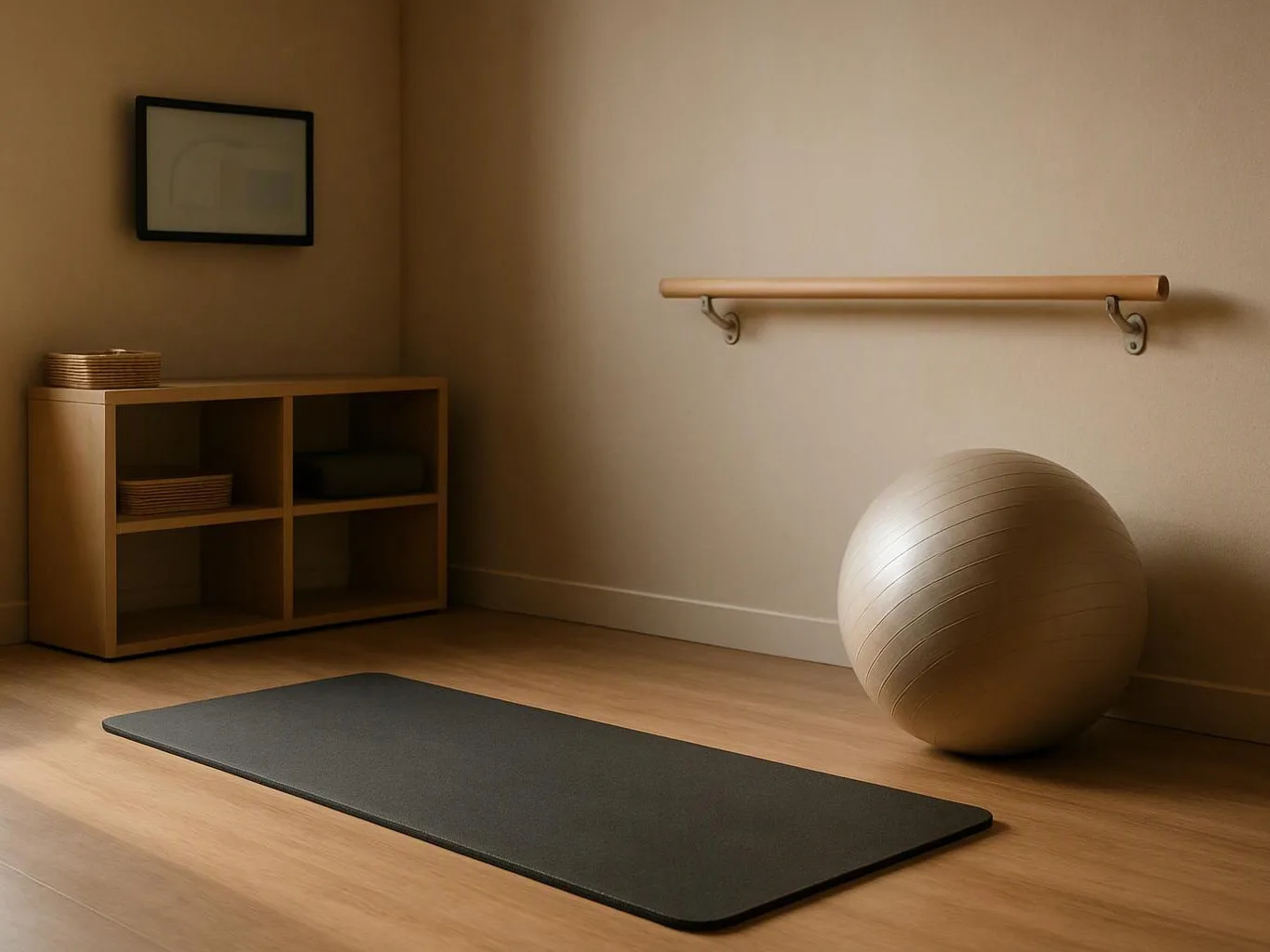 A quiet exercise room shows a yoga mat, balance ball, wall barre, and storage shelf on wooden floors