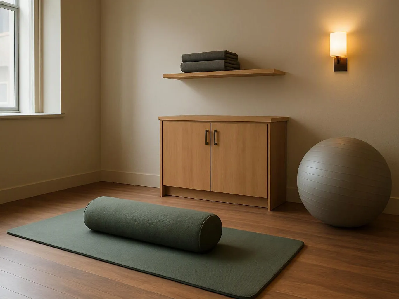A quiet yoga room has a mat, bolster, cabinet, folded towels, wall light, and exercise ball