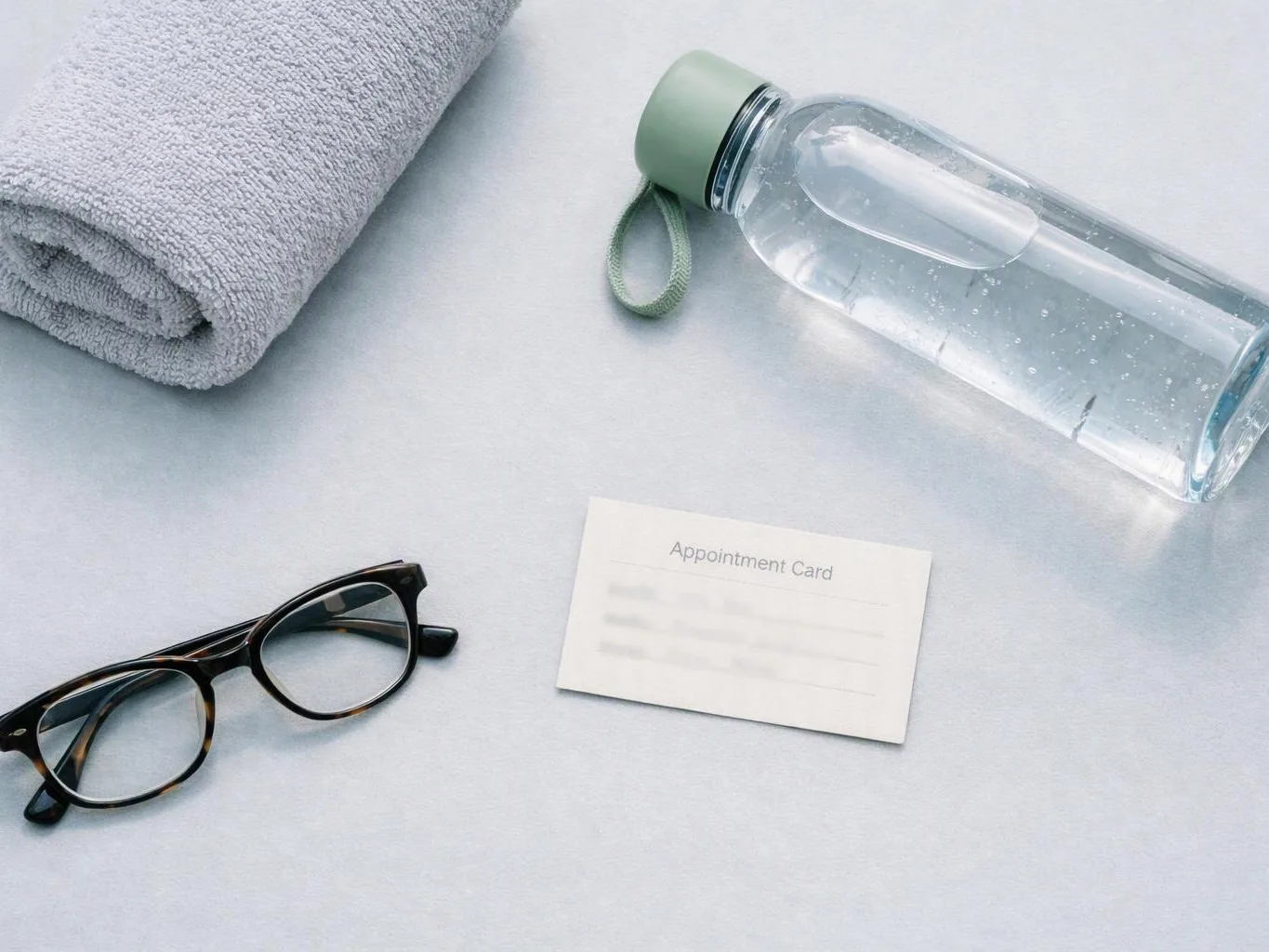 A rolled towel, water bottle, eyeglasses, and an appointment card lie on a light surface