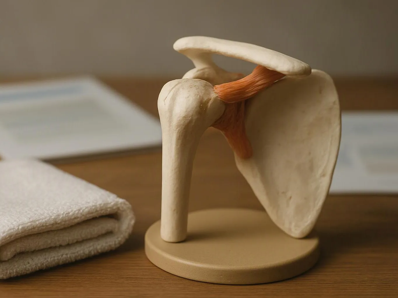 A shoulder joint model sits on a table beside a folded towel and blurred papers