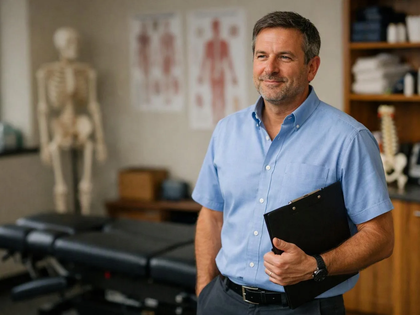 A smiling man in a light blue shirt holds a black clipboard in a clinic room with a skeleton model and anatomy charts