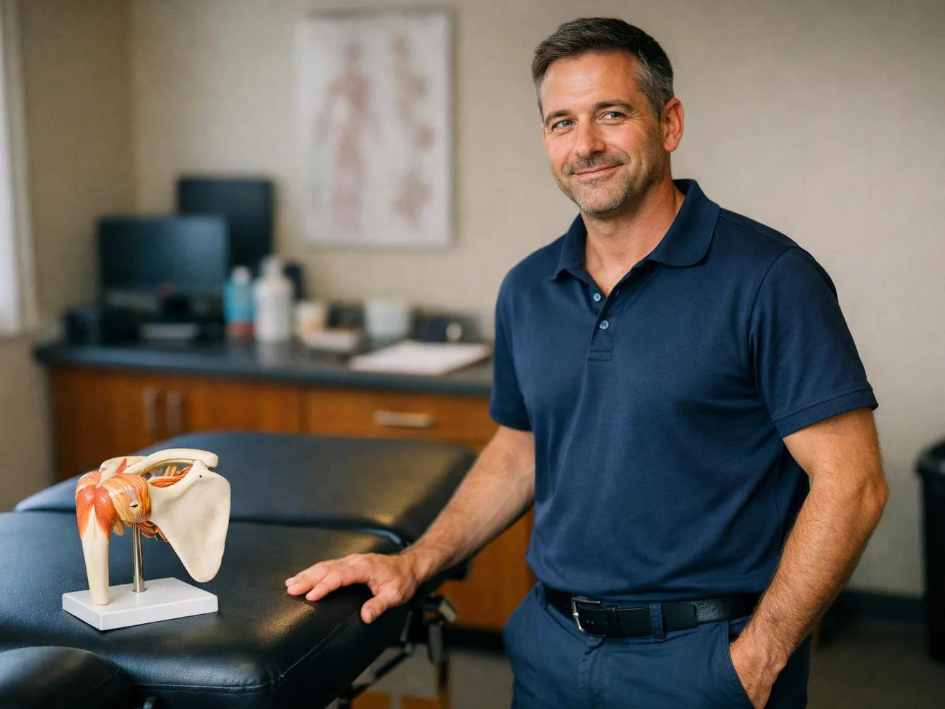 A smiling man stands beside a medical shoulder model in an exam room