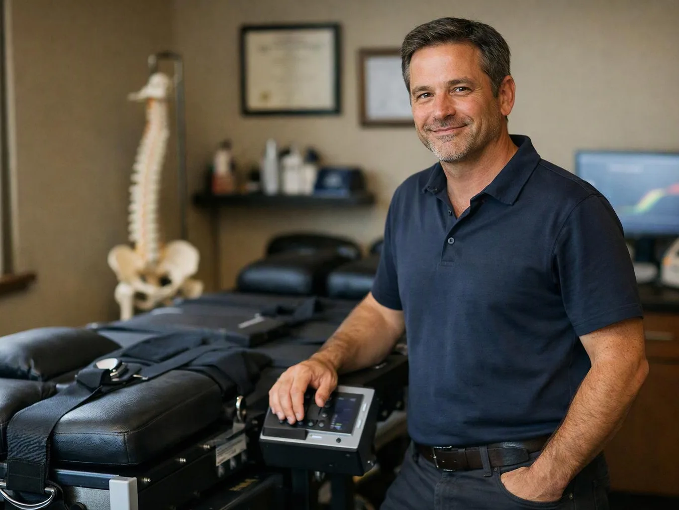 A smiling man stands beside a treatment table and touches a control panel in a clinic room