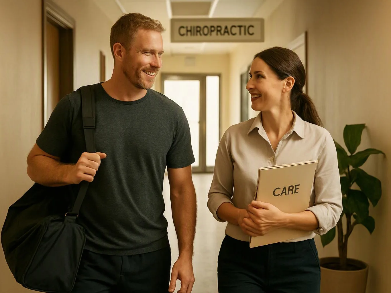 A smiling man and woman walk down a clinic hallway, with a “CHIROPRACTIC” sign overhead and a folder marked “CARE”