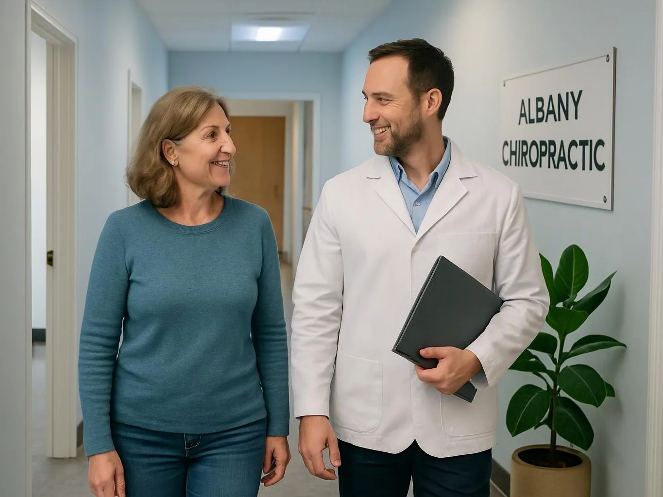 A smiling woman and a doctor in a white coat walk down a clinic hallway beside a “CHIROPRATIC” sign