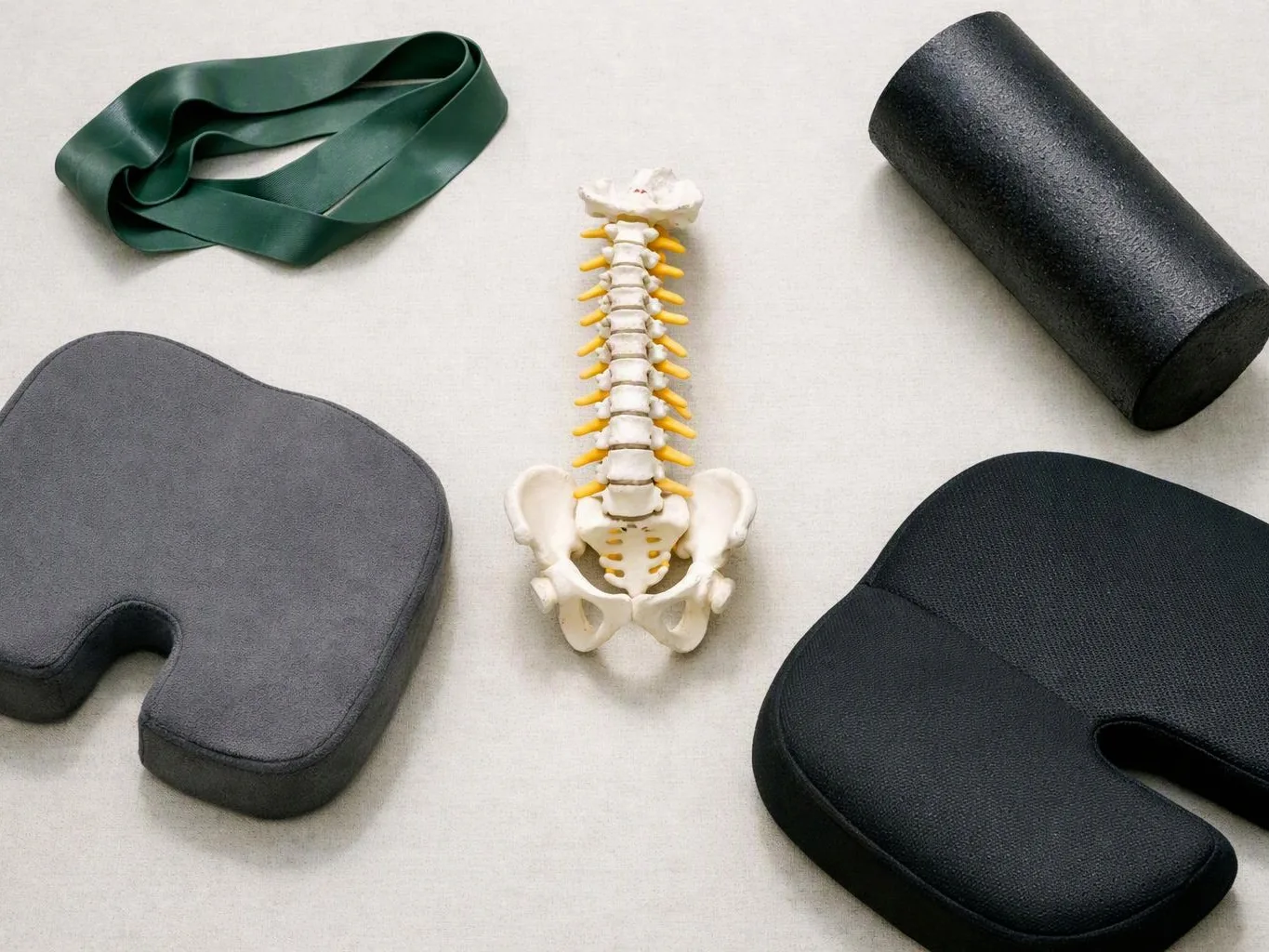 A spine model sits among foam cushions, a green strap, and a black cylinder on a light surface