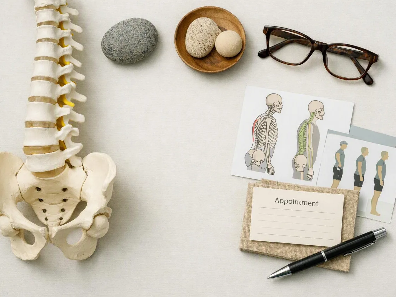 A spine model sits beside stones, glasses, posture cards, and an appointment note on a white surface
