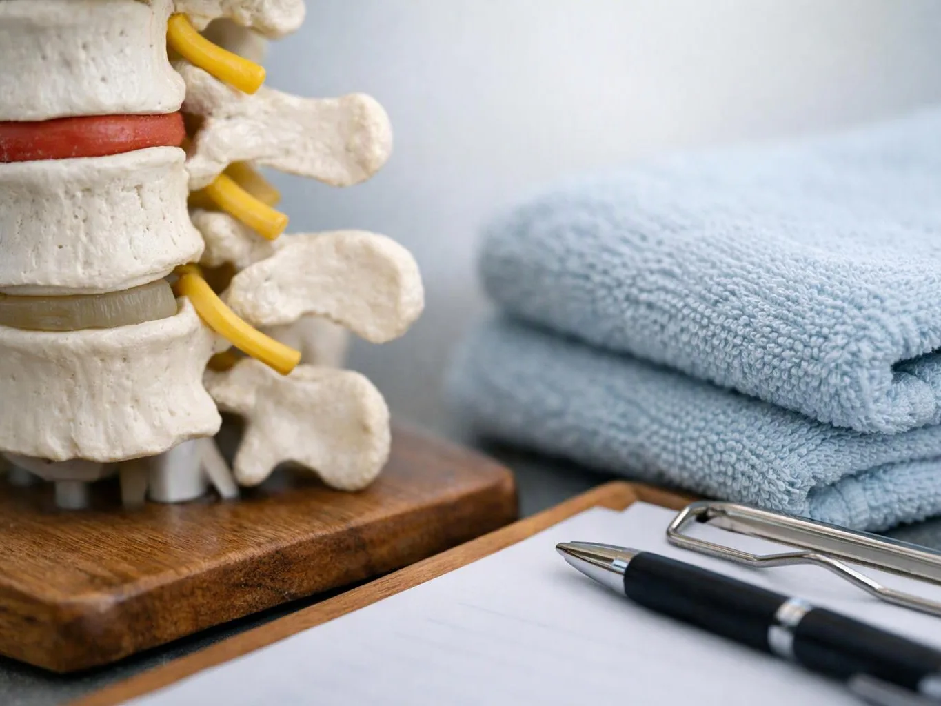 A spine model sits on a wooden base beside folded blue towels, a pen, and paper