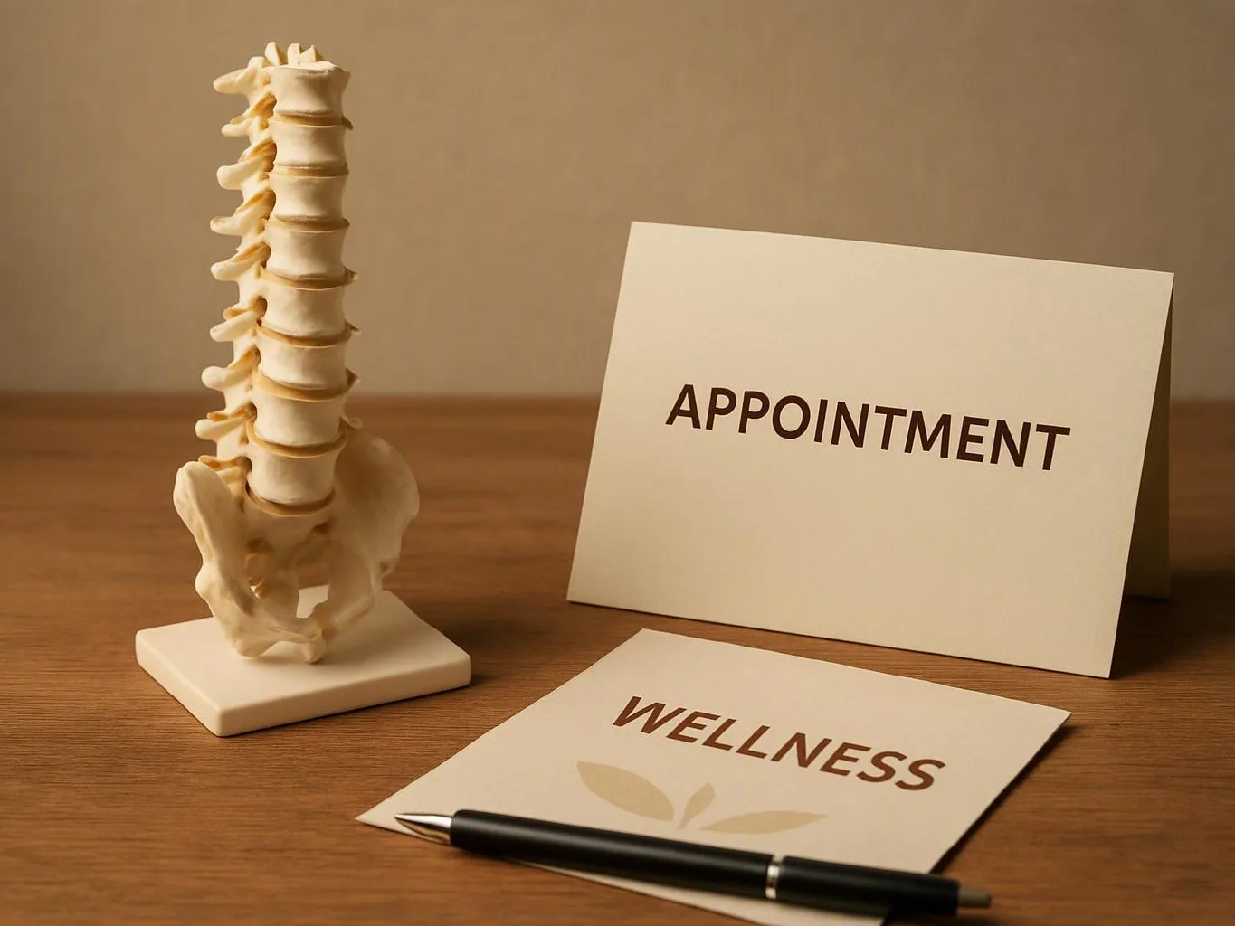 A spine model stands beside appointment and wellness cards on a wooden table
