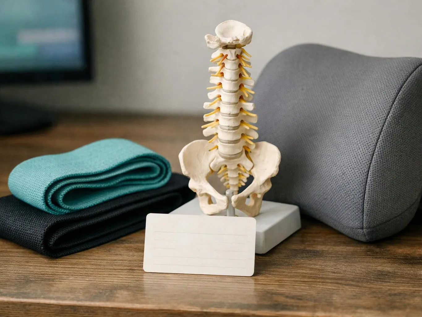 A spine model stands beside folded exercise mats, a gray cushion, and a blank card on a wooden table