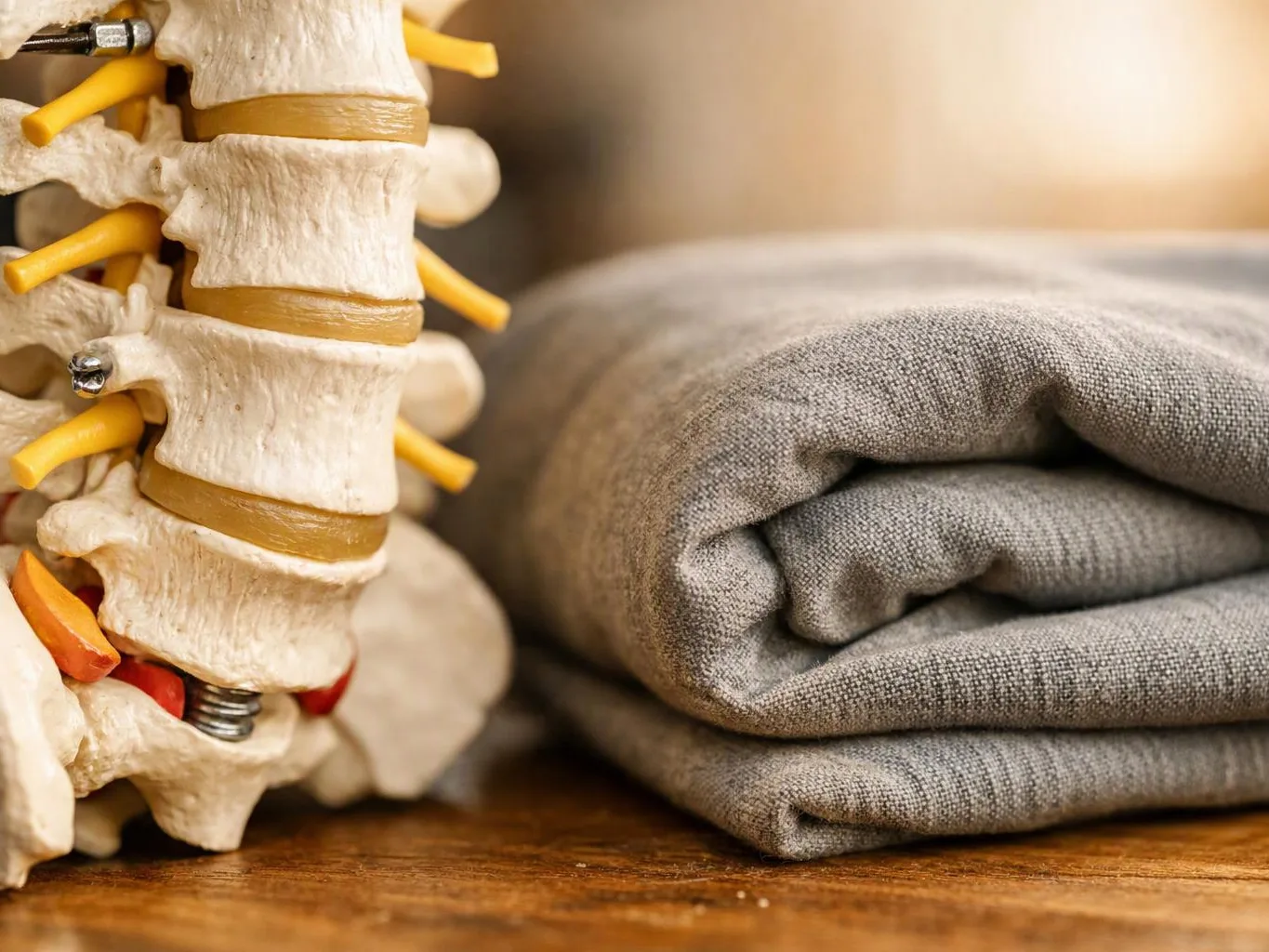 A spine model stands beside a folded gray fabric on a wooden surface