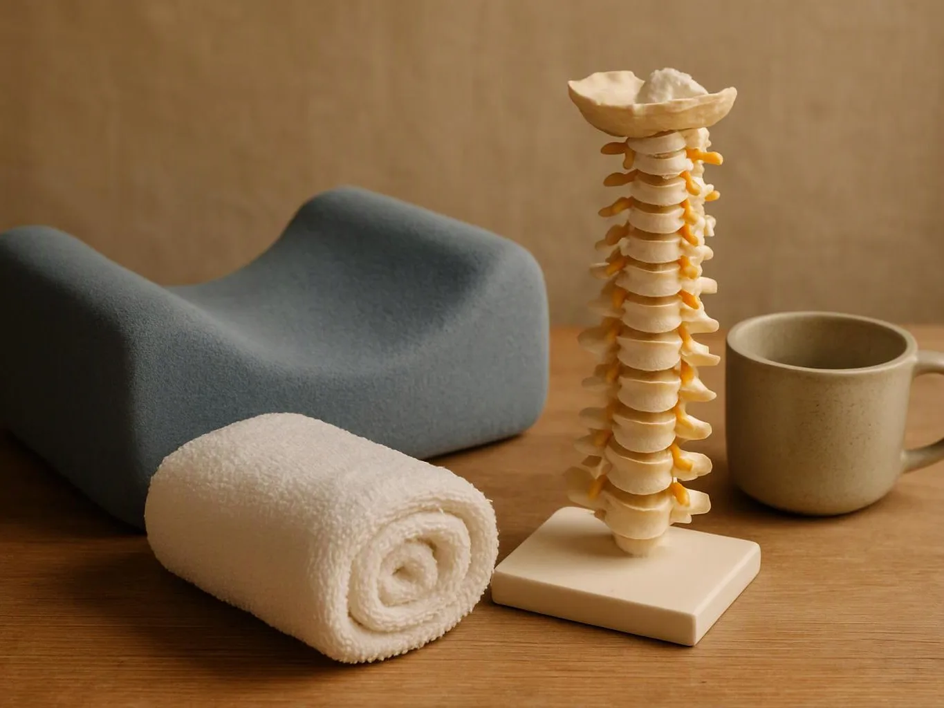 A tabletop display shows a spine model, a rolled towel, a mug, and a blue cushion on a wooden surface