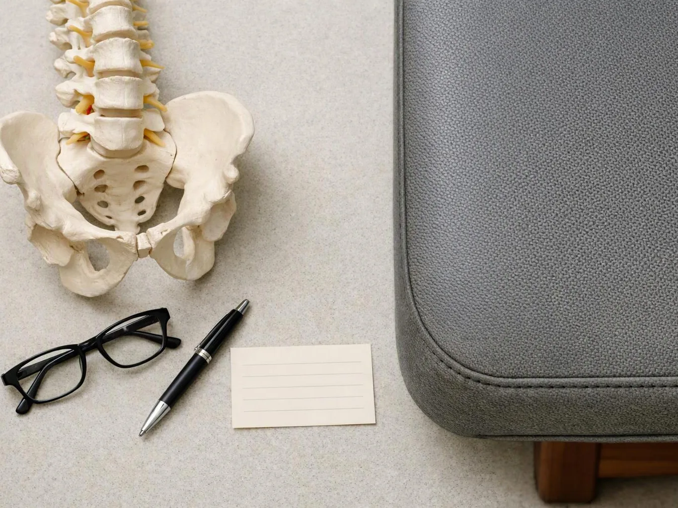 A tabletop displays a pelvis model, eyeglasses, a pen, a blank note card, and a gray chair edge