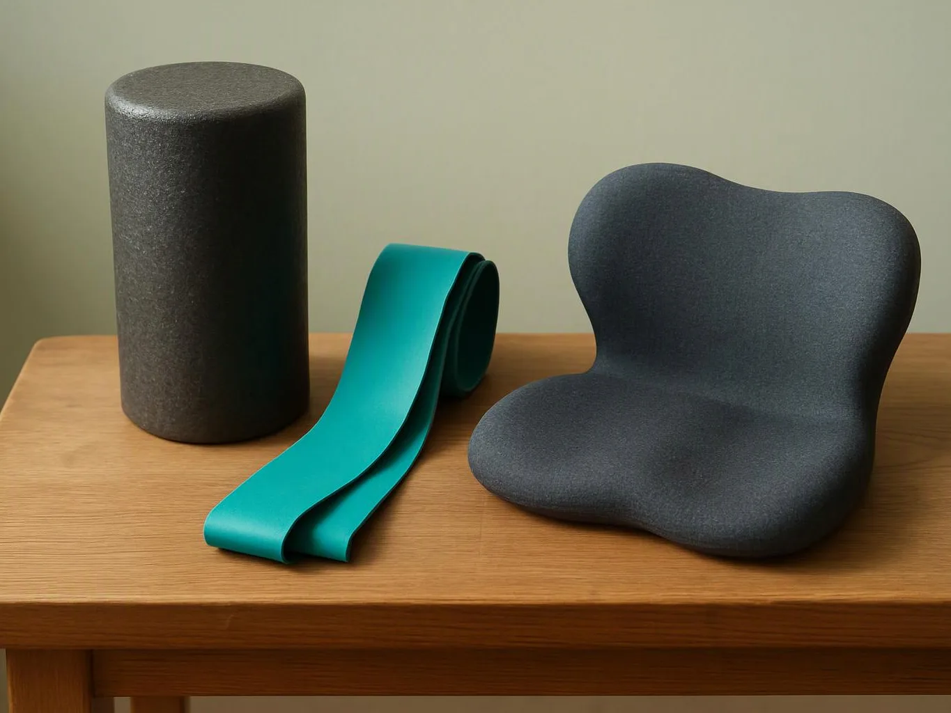 Three abstract foam objects sit on a wooden table against a plain beige wall
