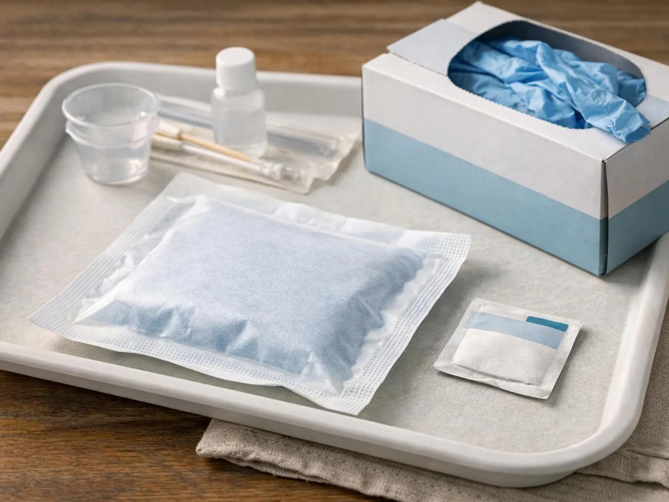 A tray holds a boxed pair of blue gloves, a sealed pouch, a small cup, and bottles on a wooden table