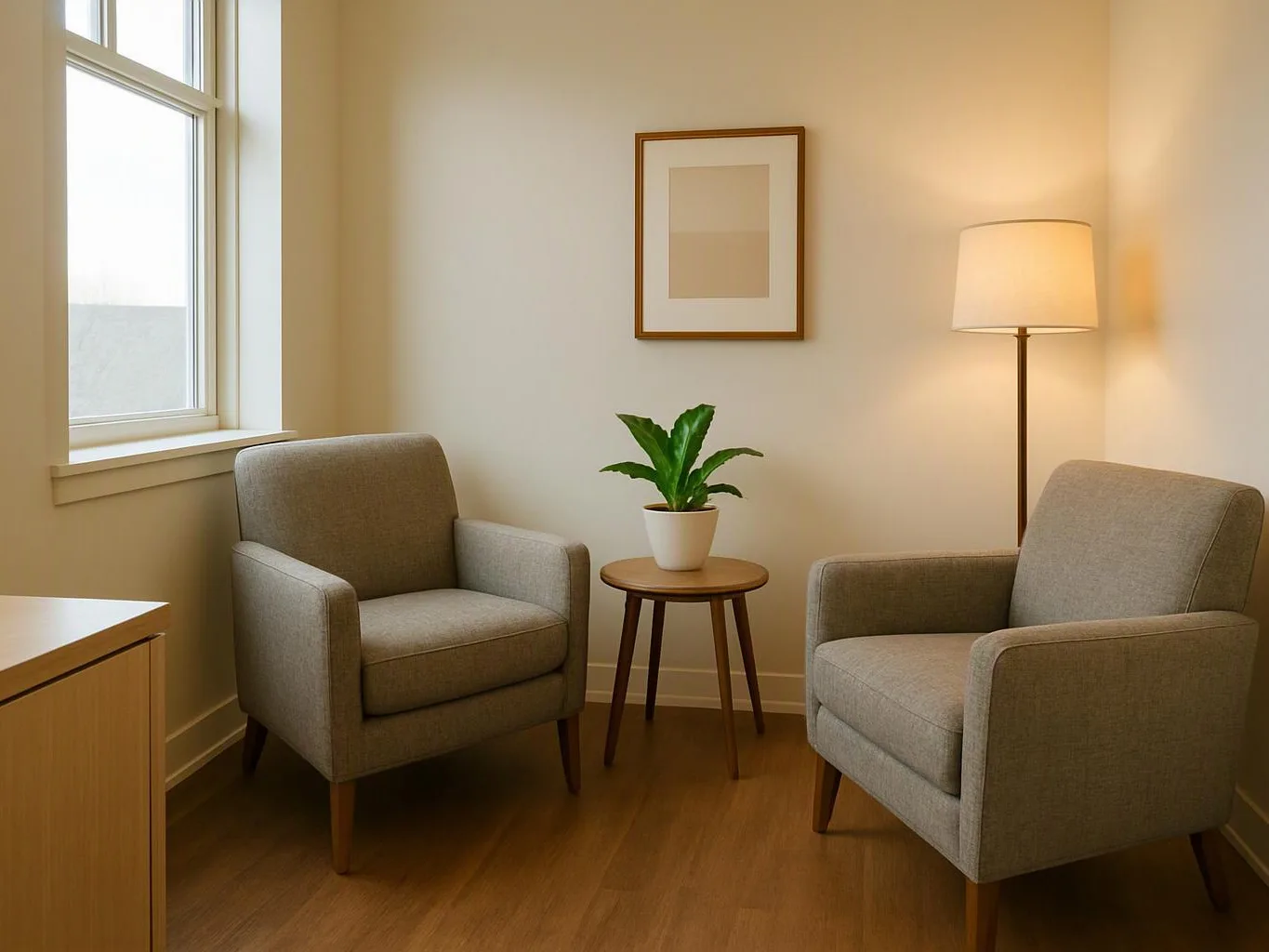 Two gray armchairs face a small table with a potted plant in a bright, tidy room