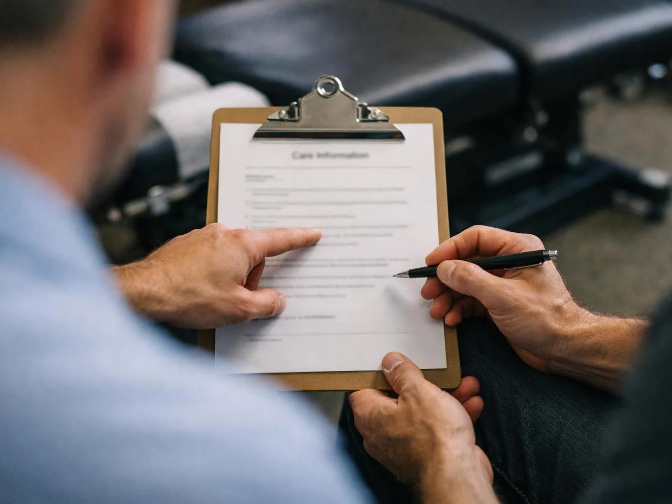 Two hands review a clipboard form while one points and the other holds a pen in a waiting area