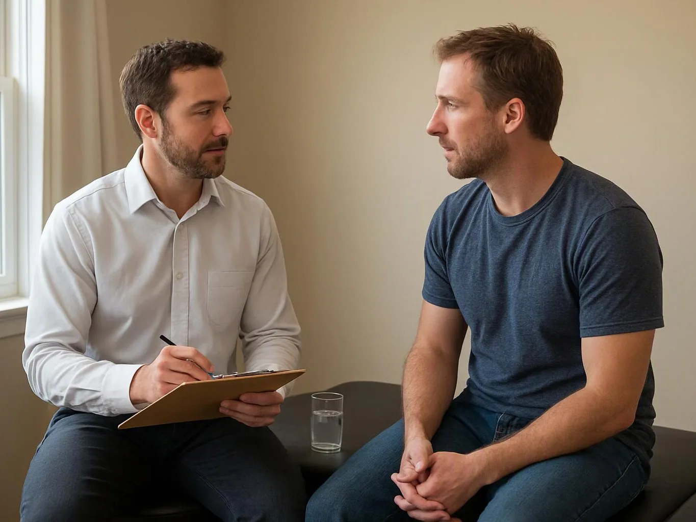 Two men sit on a bench, one writing on a clipboard while they talk in a plain room