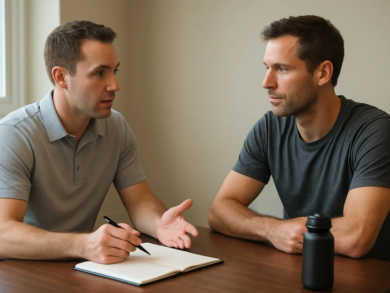 Two men sit at a table, one taking notes while they talk in a plain room