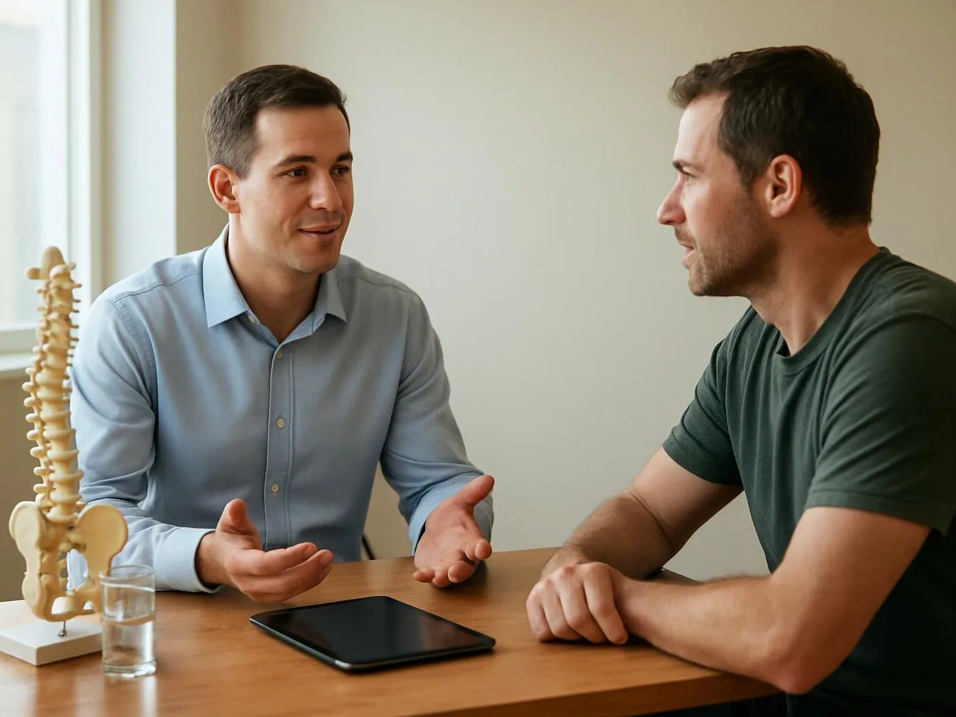 Two men talk at a wooden table, with a spine model, a glass of water, and a tablet beside them