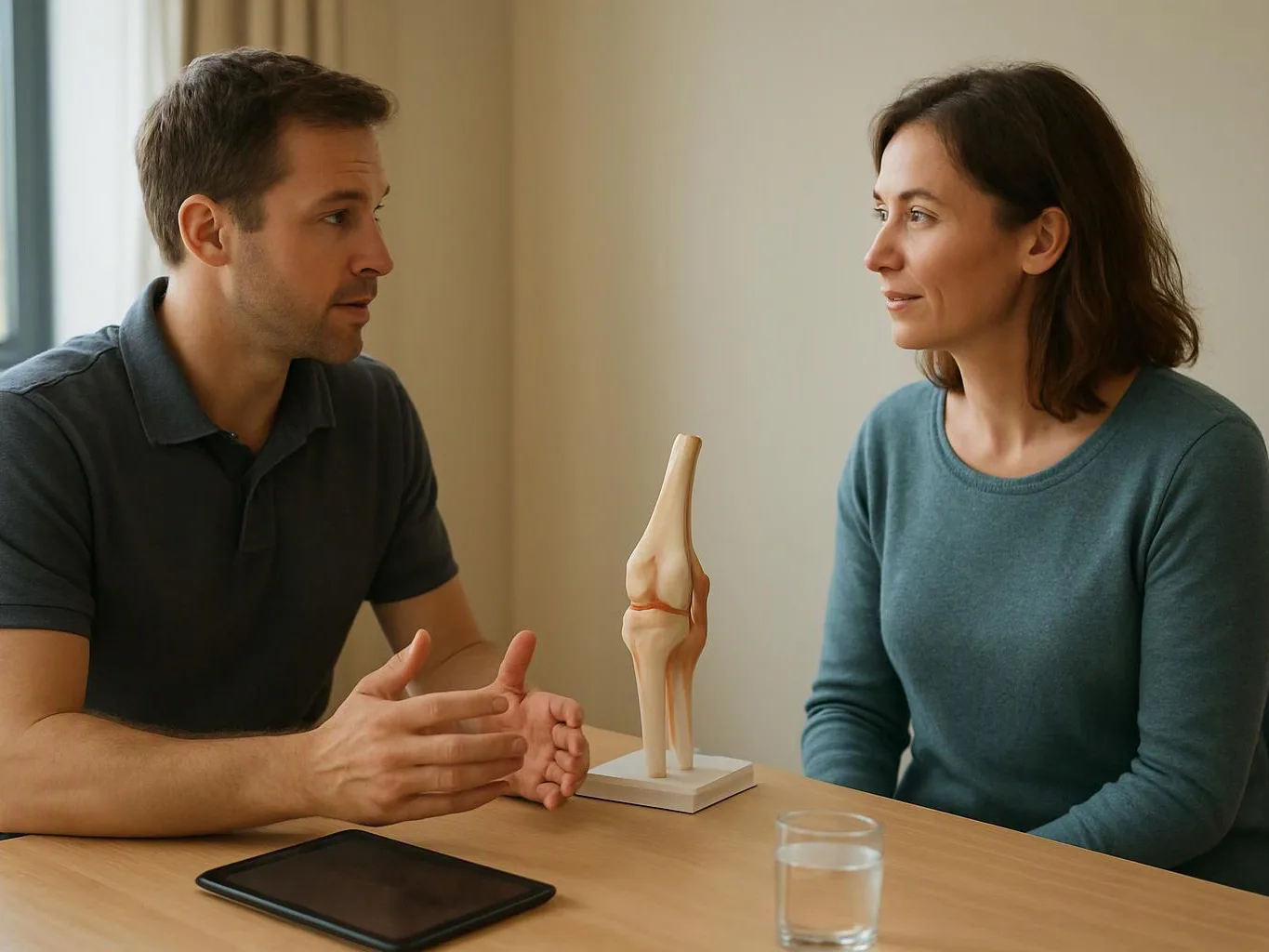 Two people sit at a table talking, with a knee joint model, a tablet, and a glass of water between them