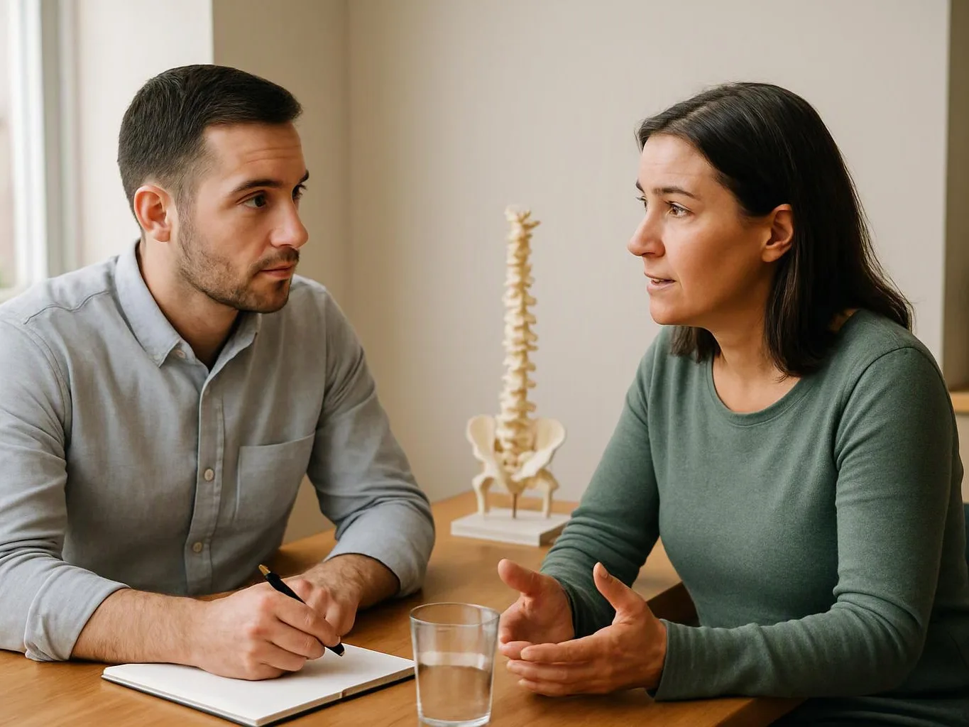 Two people sit at a table talking, with a spine model and a glass of water between them