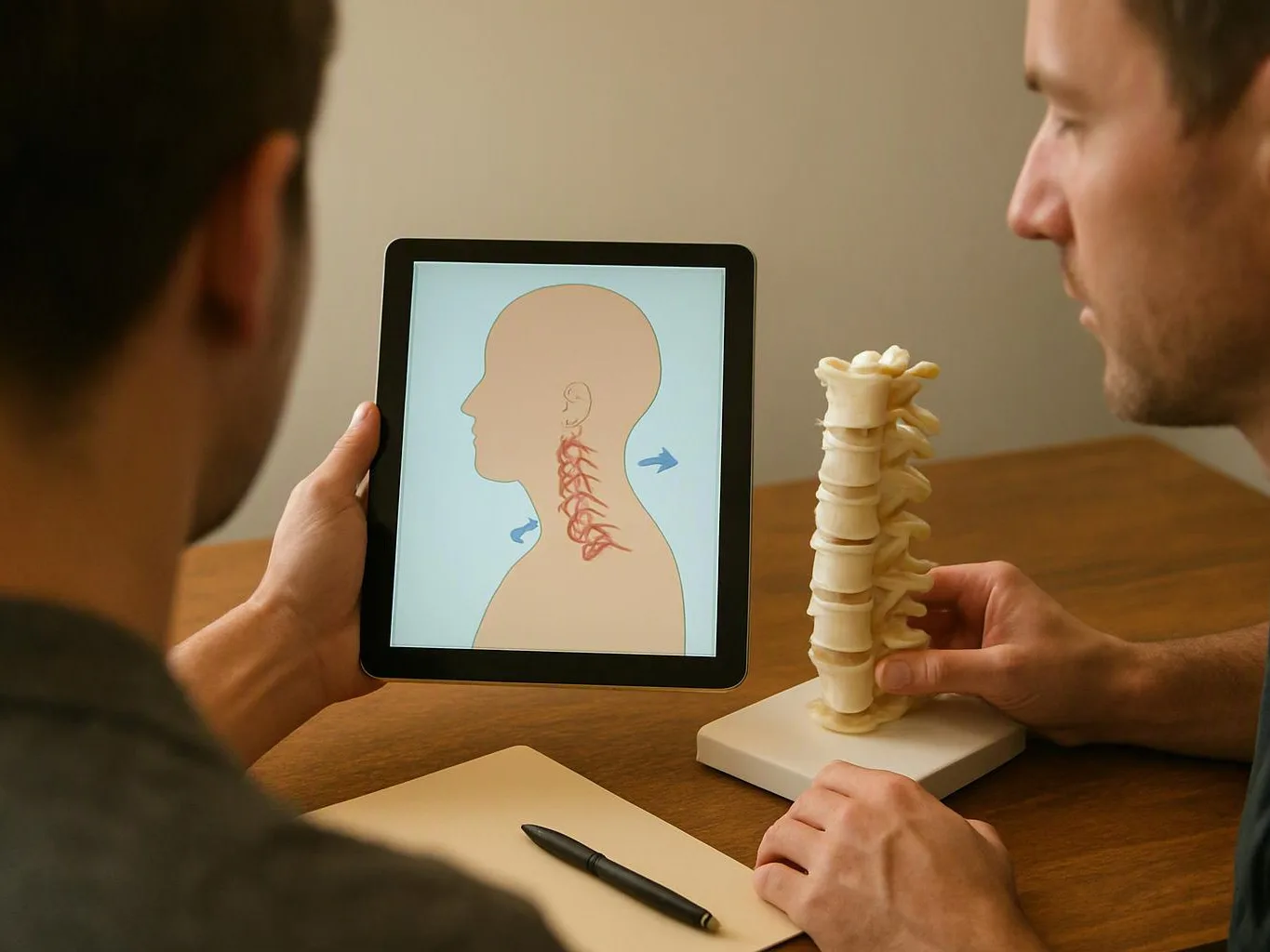 Two people study a tablet showing a neck diagram beside a small spine model on a wooden table