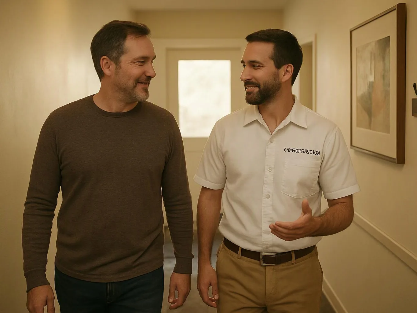Two smiling men walk down a hallway, one gesturing while wearing a white shirt with unreadable text