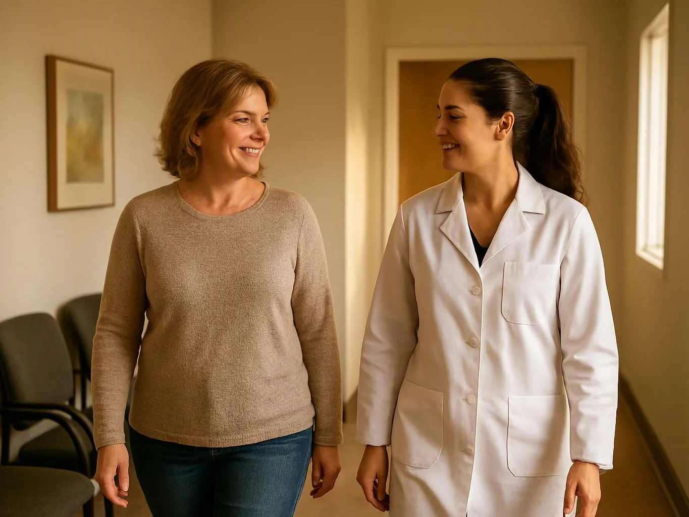 Two smiling women walk down a bright hallway, one wearing a white lab coat and the other a beige sweater