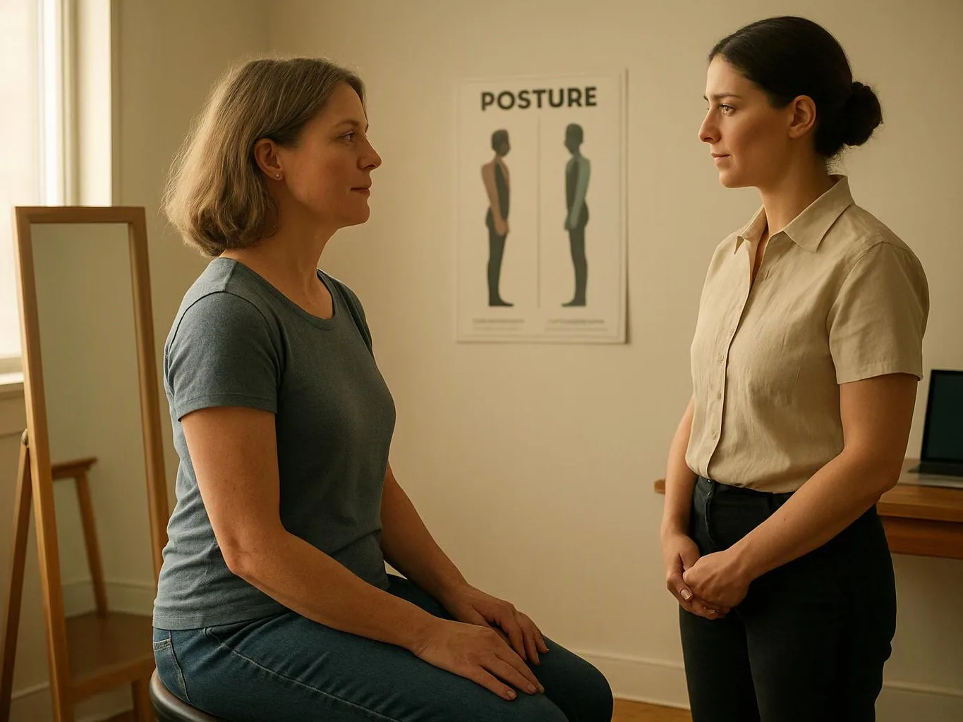 Two women face each other in a posture clinic, one seated on a stool and one standing beside a wall chart