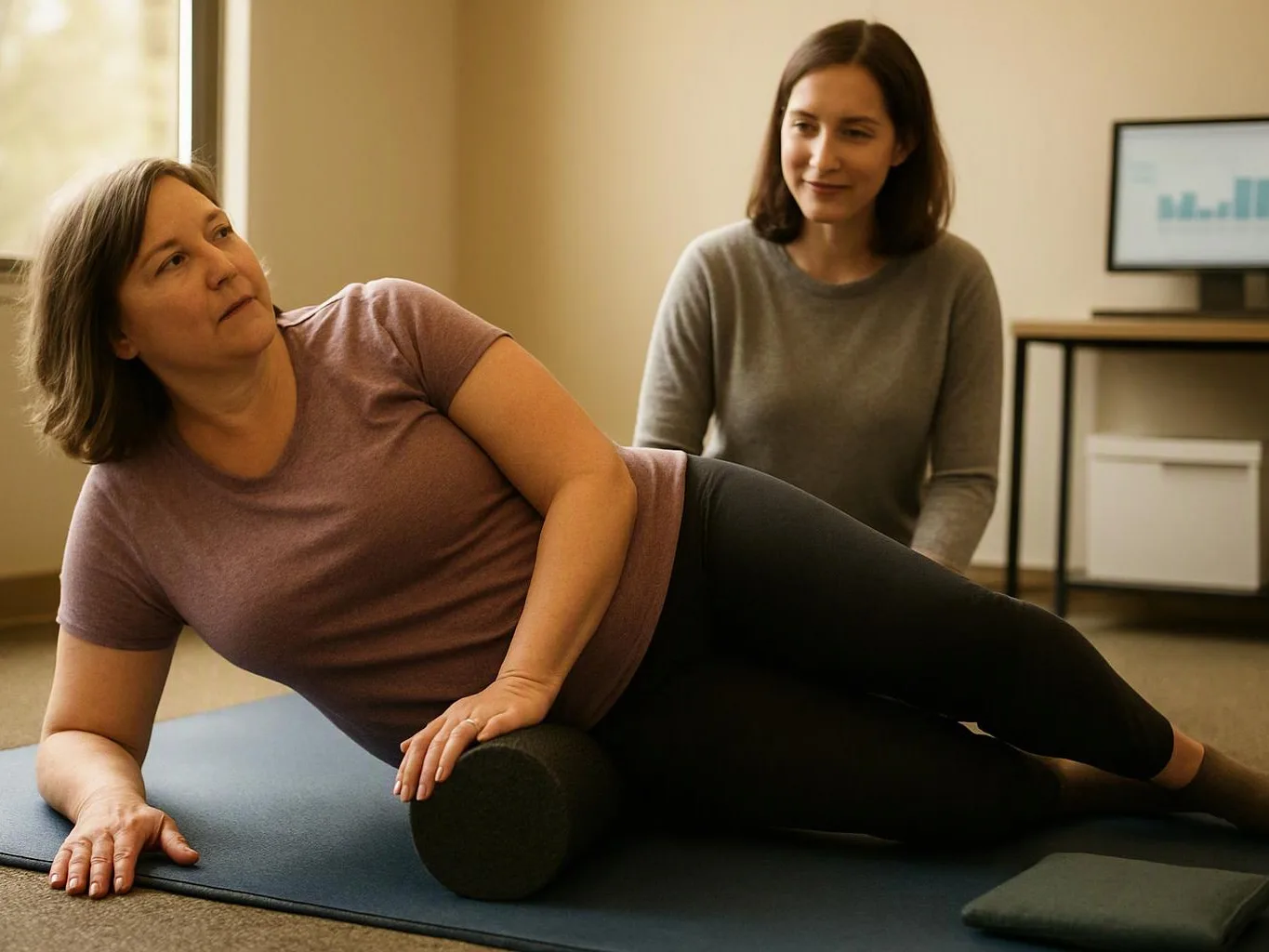 Two women practice a floor exercise on mats in a bright room, with one propped on a foam roller