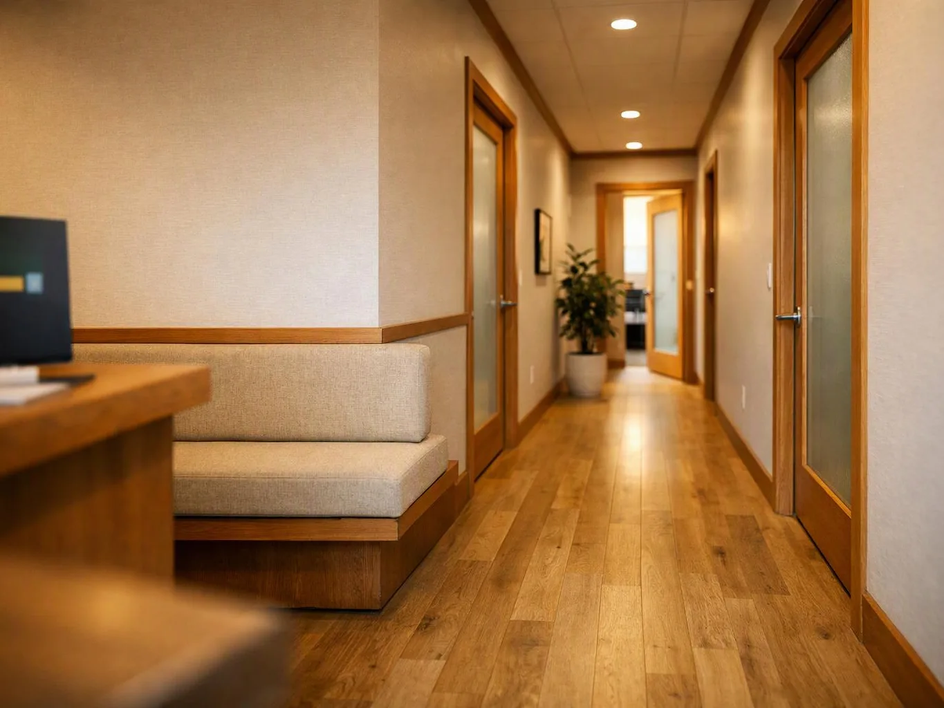 A warm hallway with wood floors, frosted glass doors, a bench, and a potted plant stretches into the distance