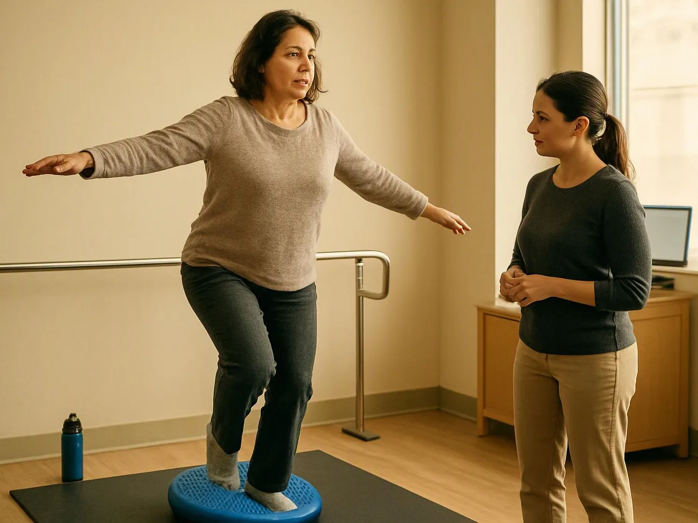 A woman balances on a blue cushion while another woman watches in a bright therapy room