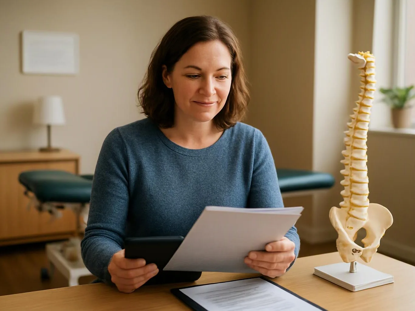 A woman in a clinic room reads papers beside a spine model and treatment table