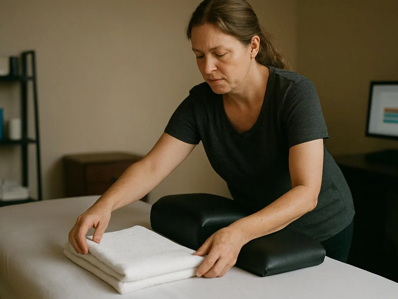 A woman folds white towels on a massage table in a quiet treatment room