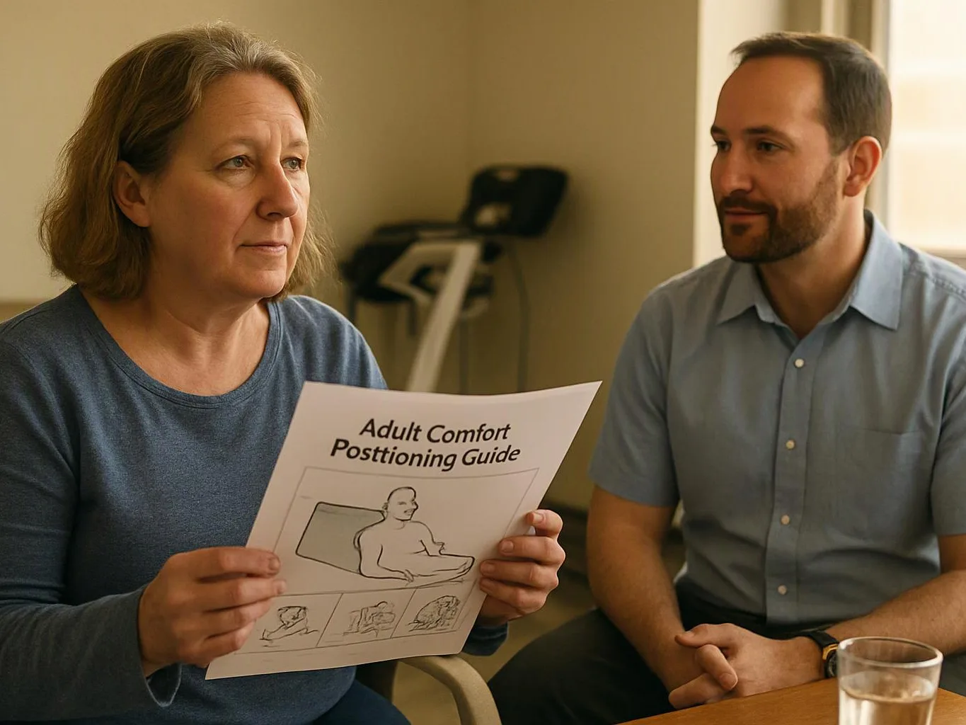 A woman holds an “Adult Comfort Posttioning Guide” sheet while a man sits beside her in a room