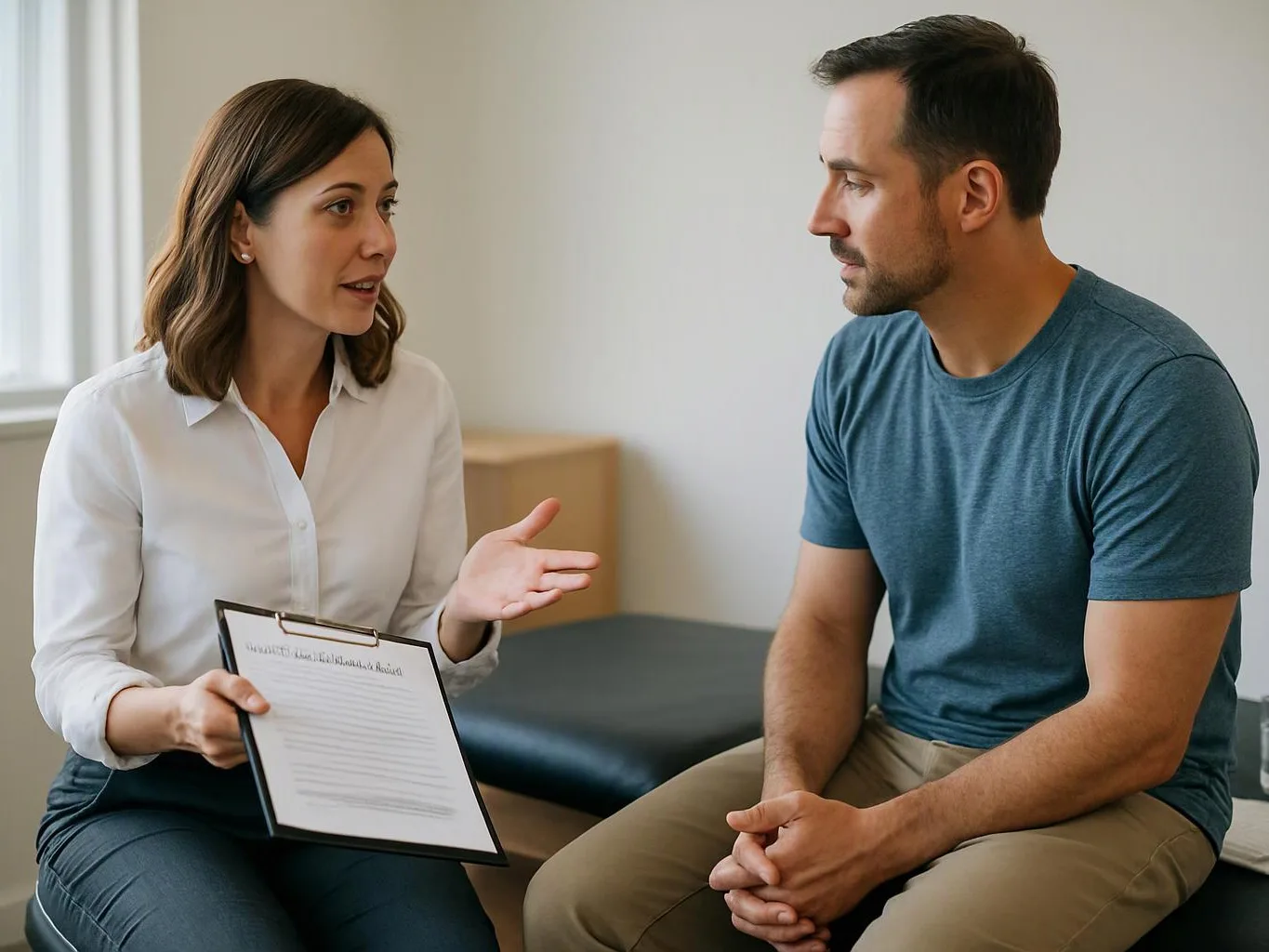 A woman holds a clipboard and talks to a seated man in a bright exam room