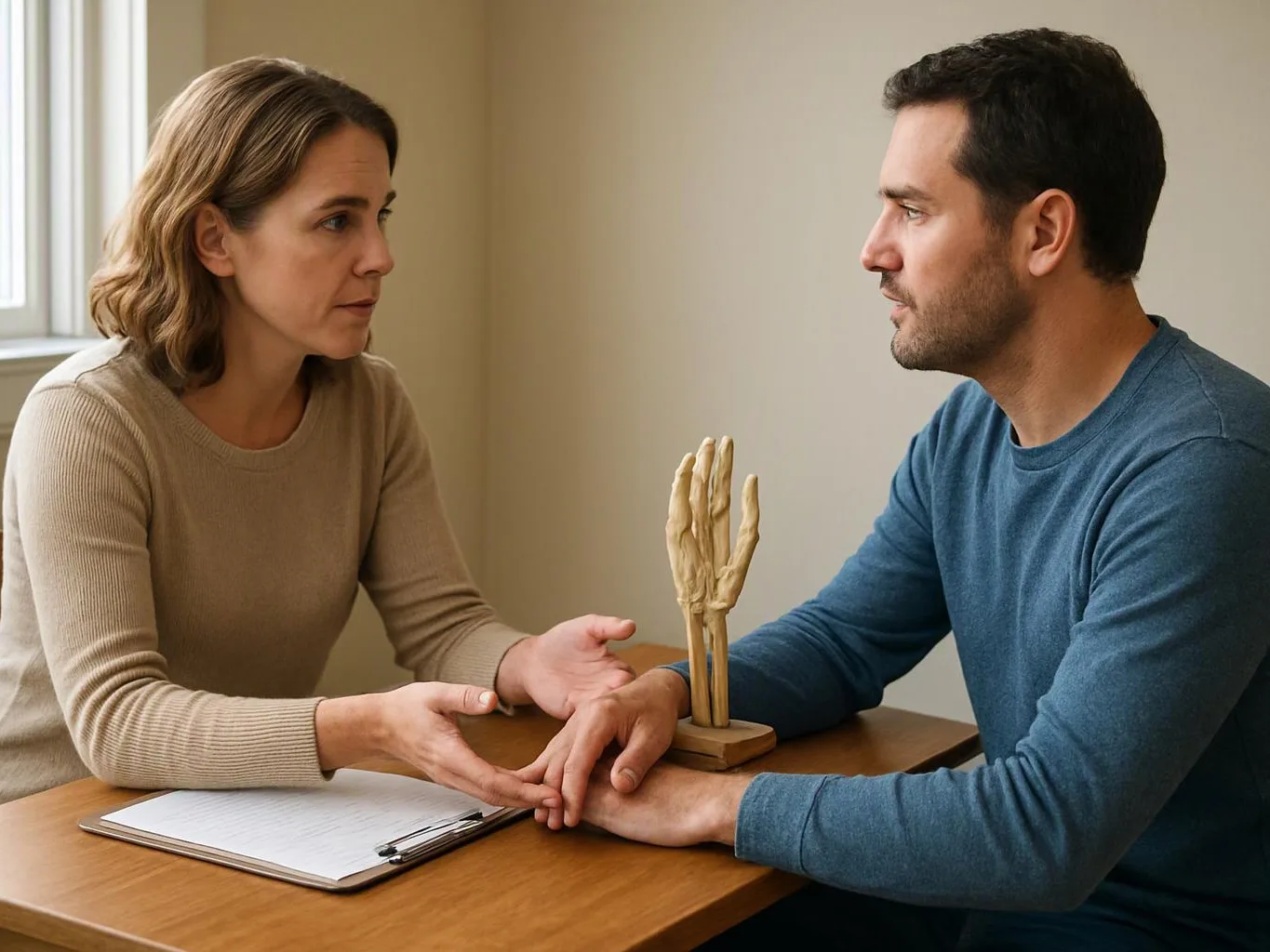 A woman and man sit across a table, holding hands and speaking beside a small hand sculpture